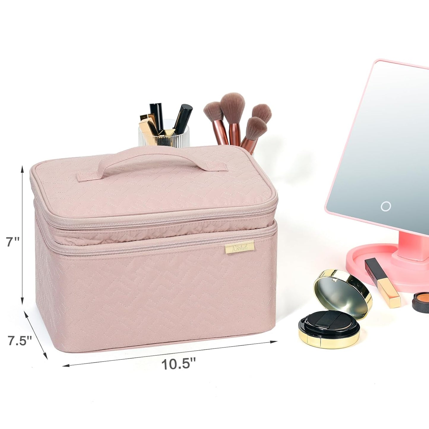 Large Double Layer Travel Makeup Bag Women, Large Cosmetic Case, Organizer for Travel-Size Accessories Bottles, Brushes, Conditioner, and Skin Care Products, Pink