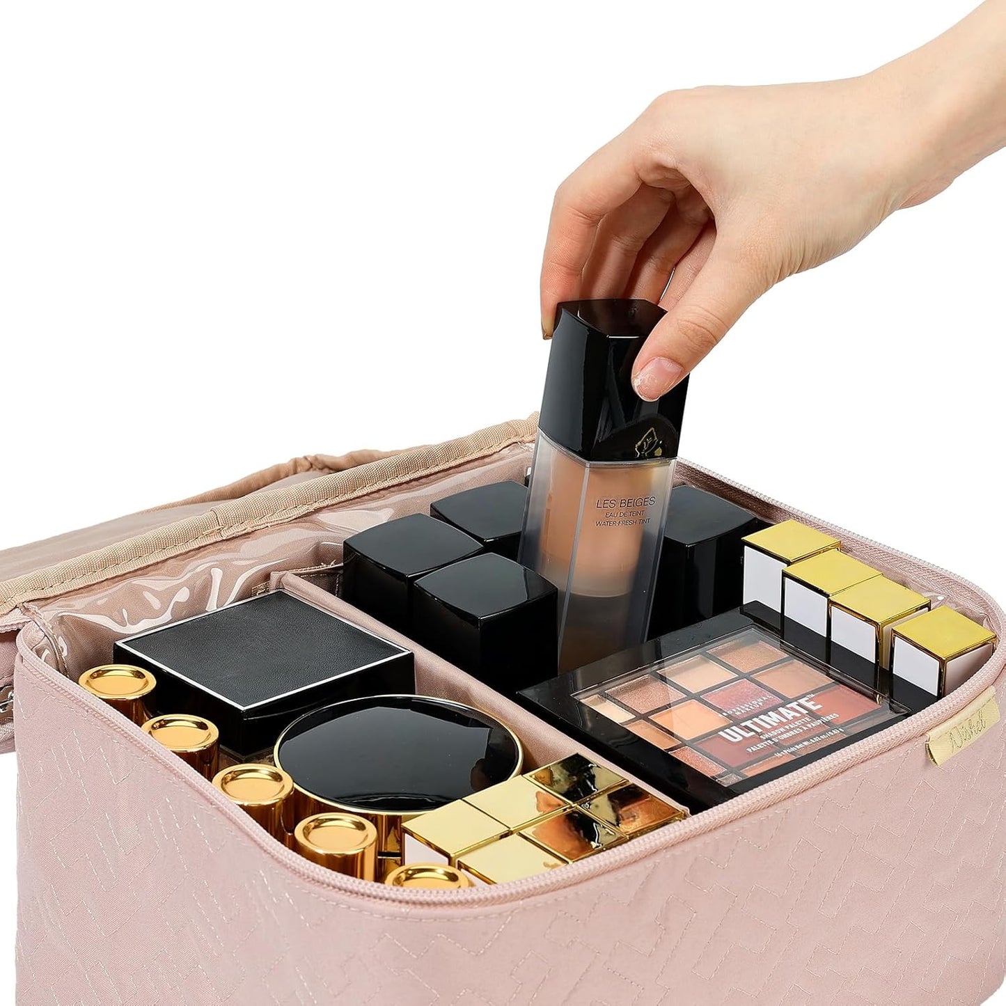 Large Double Layer Travel Makeup Bag Women, Large Cosmetic Case, Organizer for Travel-Size Accessories Bottles, Brushes, Conditioner, and Skin Care Products, Pink