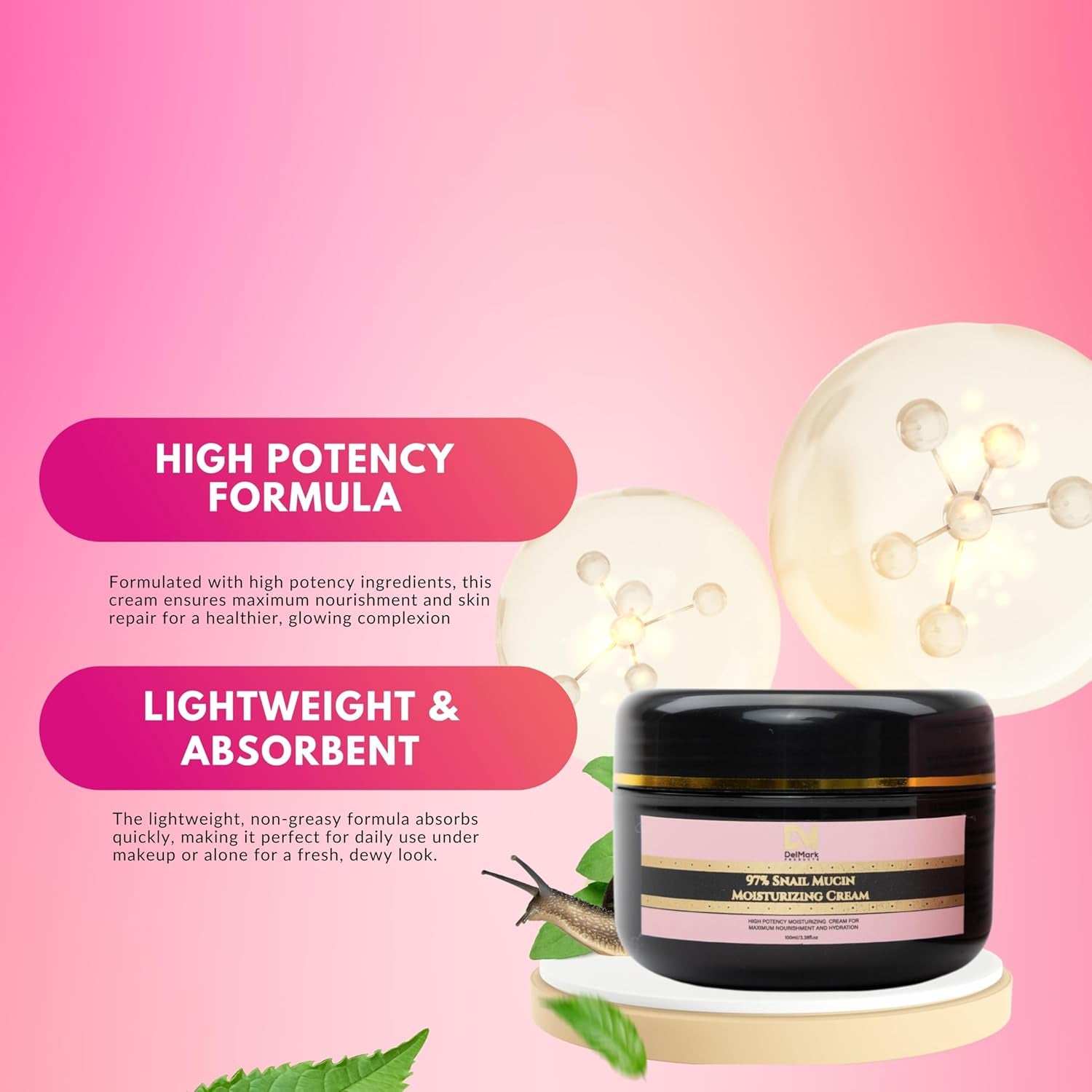 Snail Mucin 97% Daily Face Moisturizer Cream, High Potency Moisturizing Cream for Maximum Nourishment & Hydration - Korean Skincare