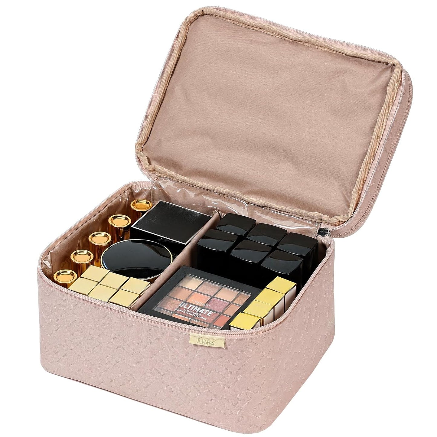 Large Double Layer Travel Makeup Bag Women, Large Cosmetic Case, Organizer for Travel-Size Accessories Bottles, Brushes, Conditioner, and Skin Care Products, Pink