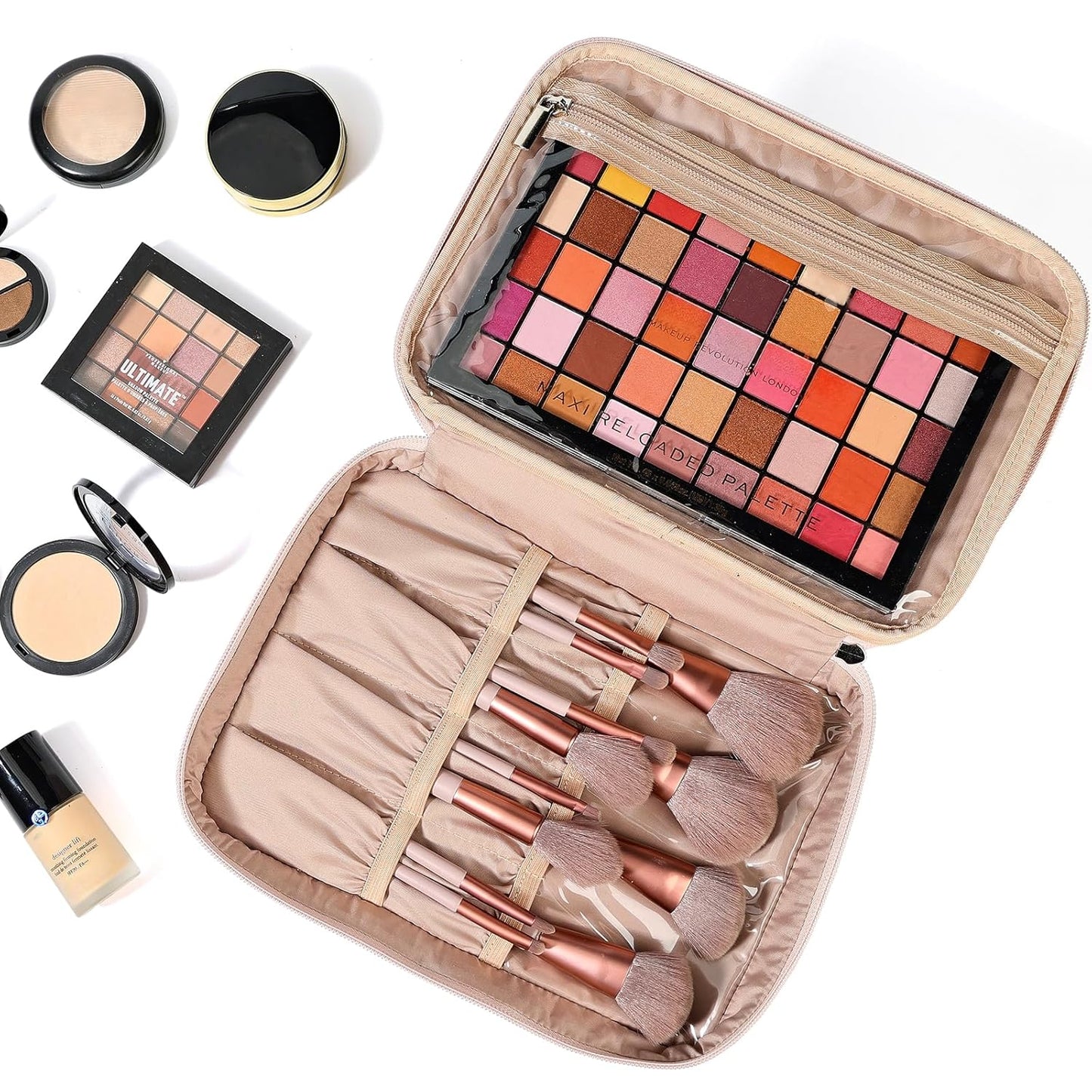 Large Double Layer Travel Makeup Bag Women, Large Cosmetic Case, Organizer for Travel-Size Accessories Bottles, Brushes, Conditioner, and Skin Care Products, Pink